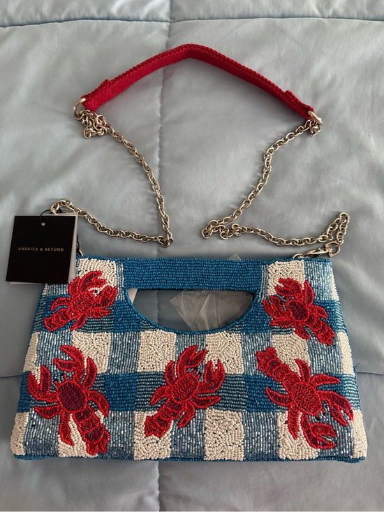America & Beyond Handbags - New- America & Beyond Blue Beaded Checkerboard Bag with Beaded Red Lobsters